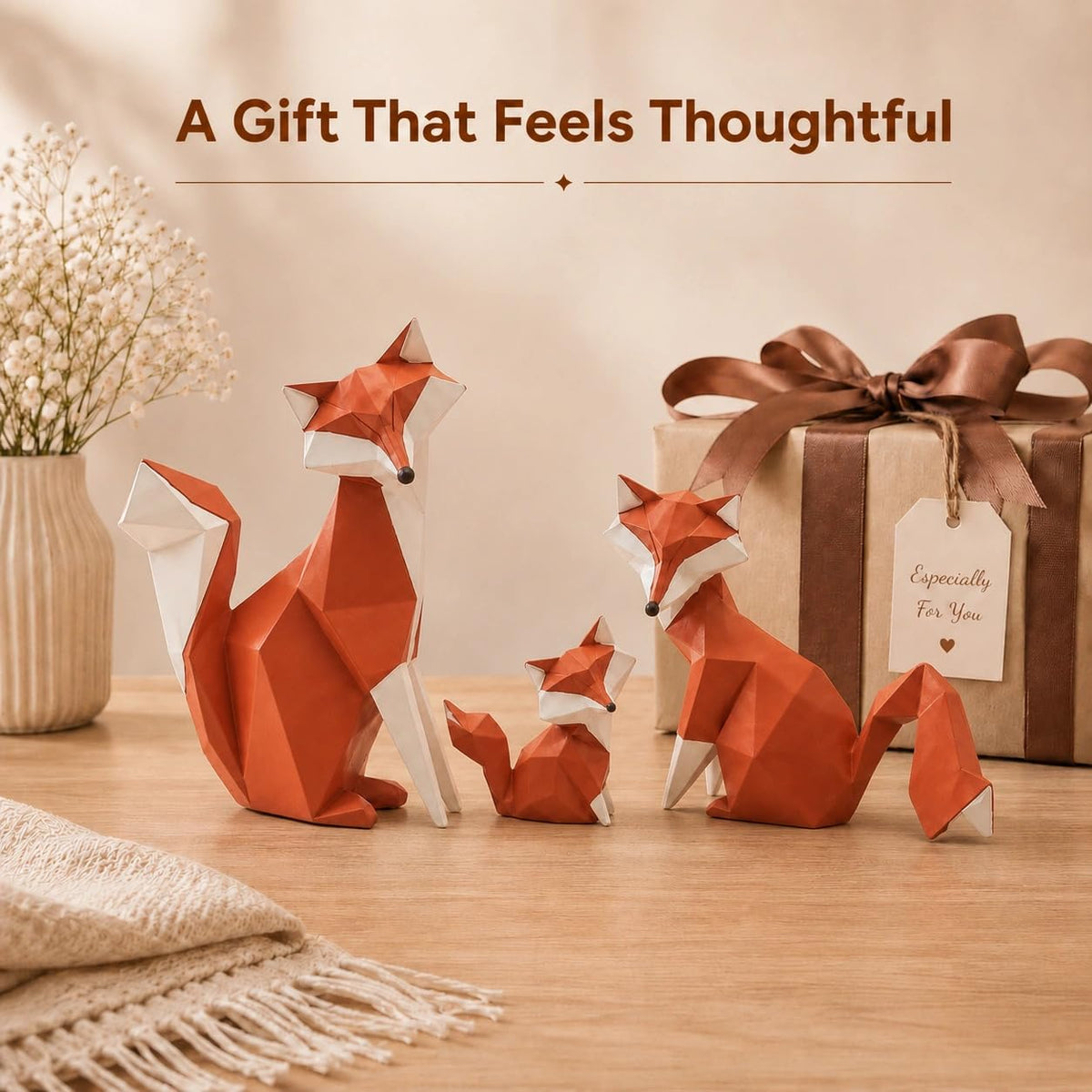 Charming Geometric Fox Family Sculpture Showpiece for Home & Office Décor | Modern Animal Figurine Set for Living Room, Study, Shelf & Console Table Styling | Contemporary Wildlife Accent