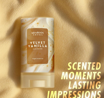Arabian Aroma Velvet Vanilla solid perfume on a gold fabric background with text 'Scented Moments Lasting Impressions'.
