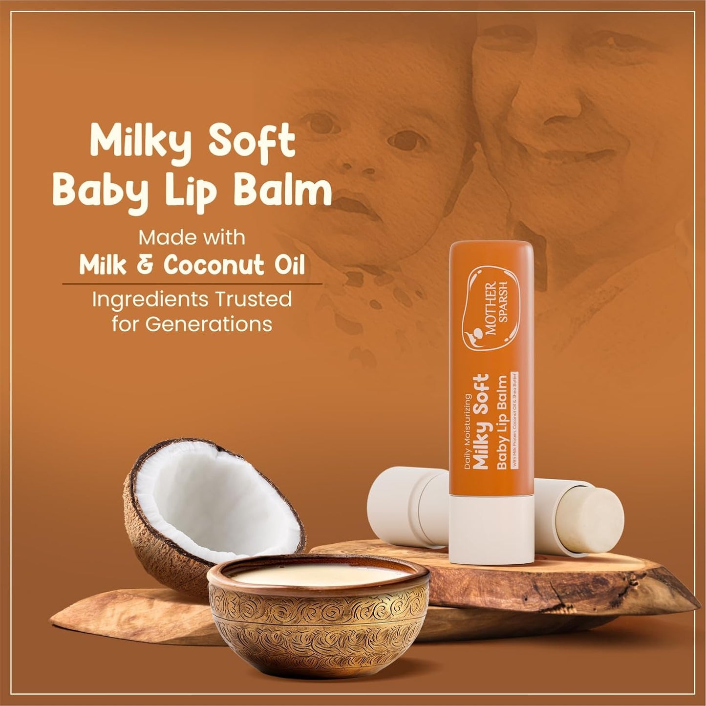 Mother Sparsh Milky Soft Baby Lip Balm For Nourishing Dry Chapped Lips|With Milk Protein,Coconut Oil & Shea Butter|Non-Sticky Lip Balm For Babies-4Gm,Brown