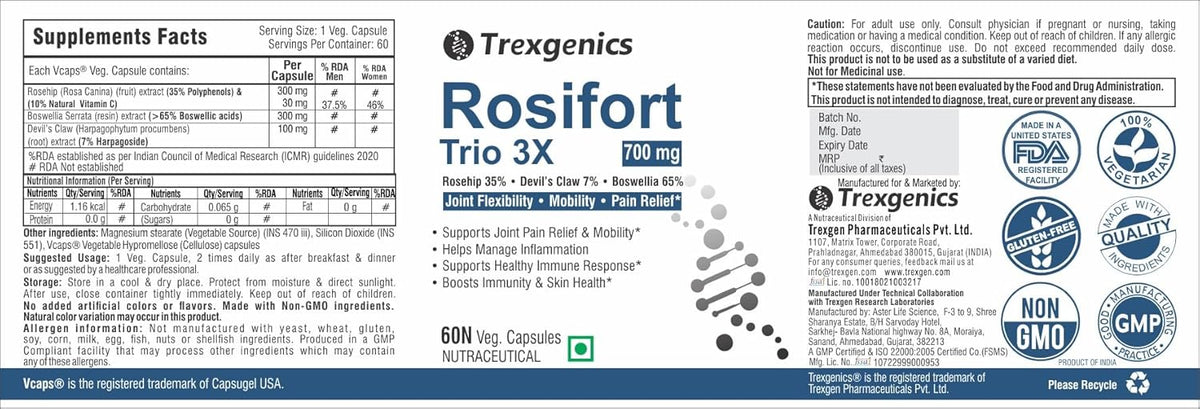 Supplement label for Trexgenics Rosifort Trio 3X with various logos and text.