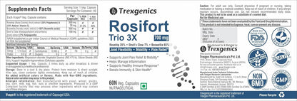 Supplement label for Trexgenics Rosifort Trio 3X with various logos and text.