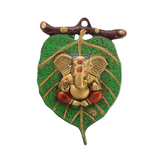eCraftIndia Metal Golden Lord Ganesha In Red Dhoti On Green Leaf Ganesha Wall Hanging | Decorative Showpiece for Wall Decor | Diwali Decoration Items for Home Decor | Gift for Diwali Housewarming
