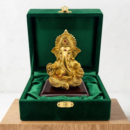 Dev Aastha 24K Gold Plated Ganesha Idol - 4 Inch Divine Seated Ganpati Statue on Premium Wooden Base - Auspicious Vastu Home Decor and Spiritual Gift with Anti-Tarnish Finish