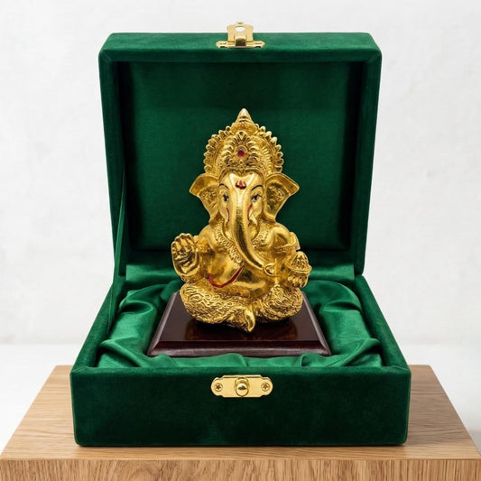 Dev Aastha 24K Gold Plated Ganesha Idol - 4 Inch Divine Seated Ganpati Statue on Premium Wooden Base - Auspicious Vastu Home Decor and Spiritual Gift with Anti-Tarnish Finish