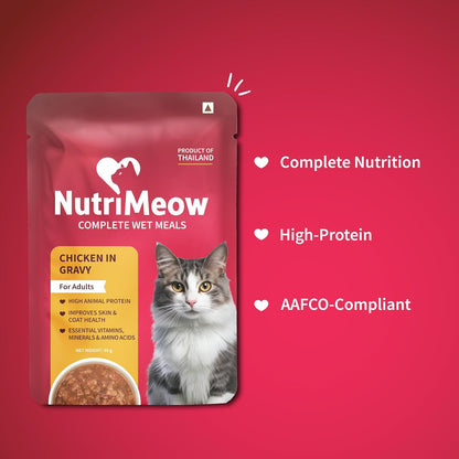 NutriMeow Chicken in Gravy Wet Cat Food for Adult Cats - 80 gm | Rich in Protein | Healthy, Nutritious & Delicious Cat Pouch | Complete Meal for Cats | Supports Active & Healthy Lifestyle