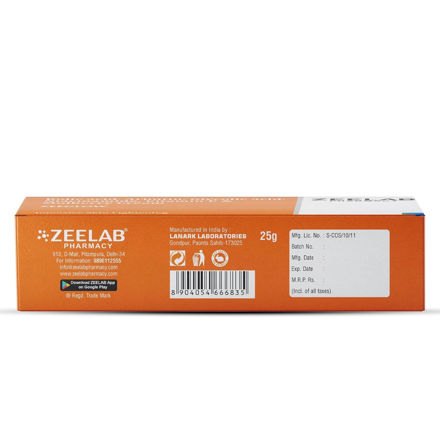 Orange packaging of Zeelab Pharmaceuticals with text and barcodes on a white background
