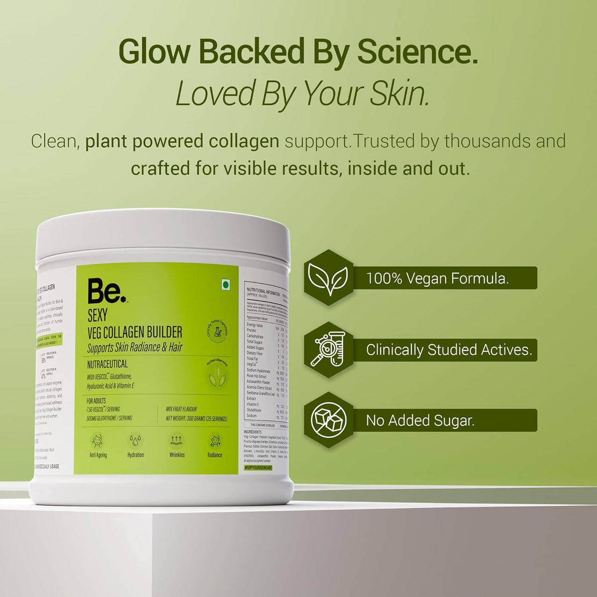 Be. Veg Collagen Powder for Women & Men | Plant-Based Supplement with VegCol, Glutathione, Hyaluronic Acid & Vitamin E | Vegan Builder for Skin Glow, Hydration, Hair & Nail Health | Mix-Fruit Flavour | 300 g