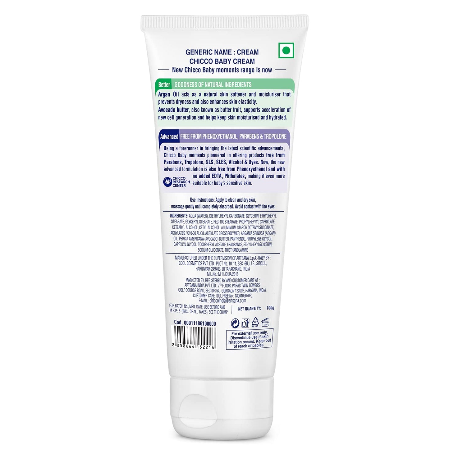 Chicco Baby Moments Baby Cream for Babies with Argan Oil & Avocado Butter, 100g| Natural Ingredients for Hydrated Skin | Dermatologically Tested | Phenoxyethanol, Parabens & Lauryl sulphates free