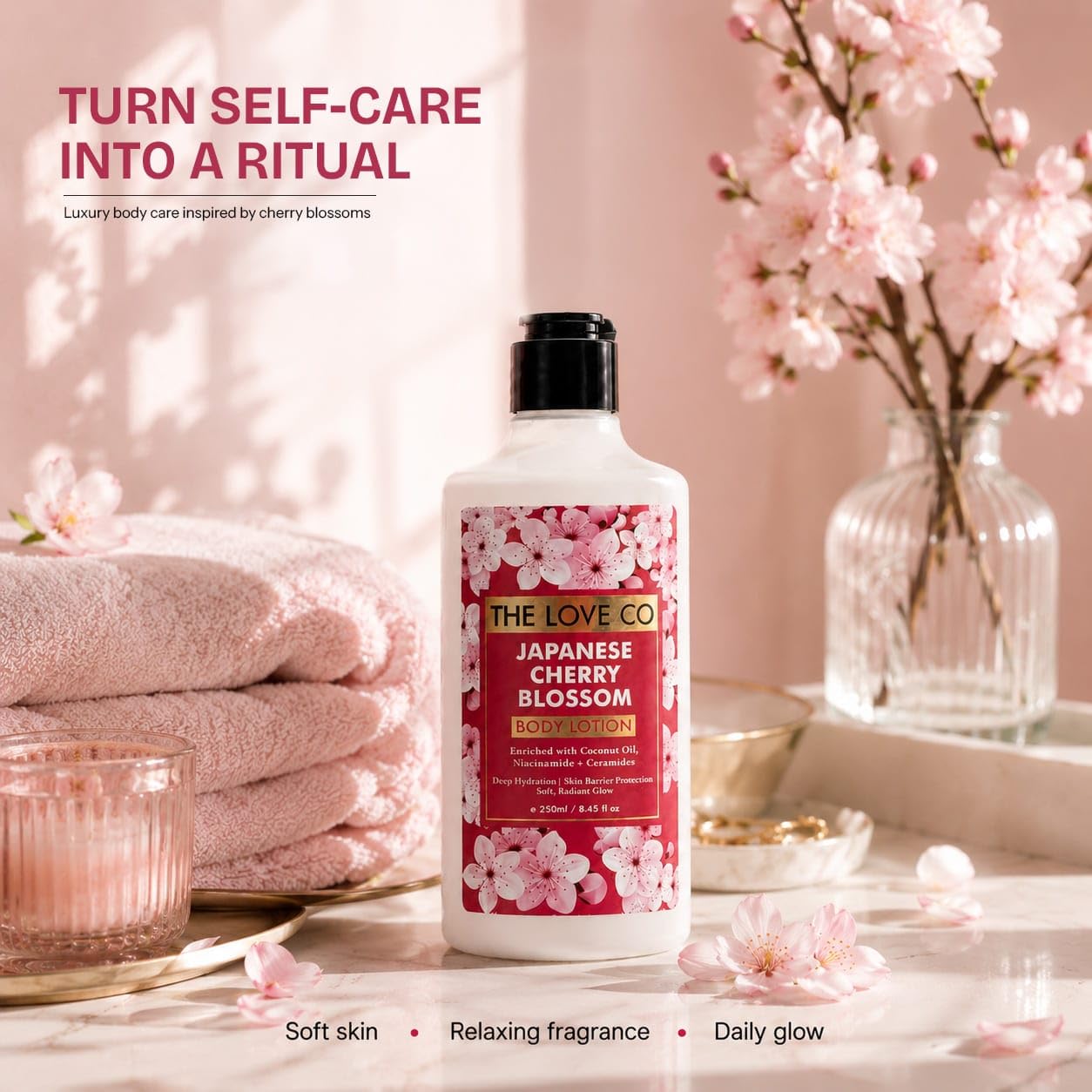 The Love Co Japanese Cherry Blossom Body Lotion for Women | Perfume Body Lotion with Niacinamide, Ceramides, Shea Butter & Coconut Oil | 48Hr Deep Hydration, Non-Greasy Moisturizer for Dry Skin | 250ml