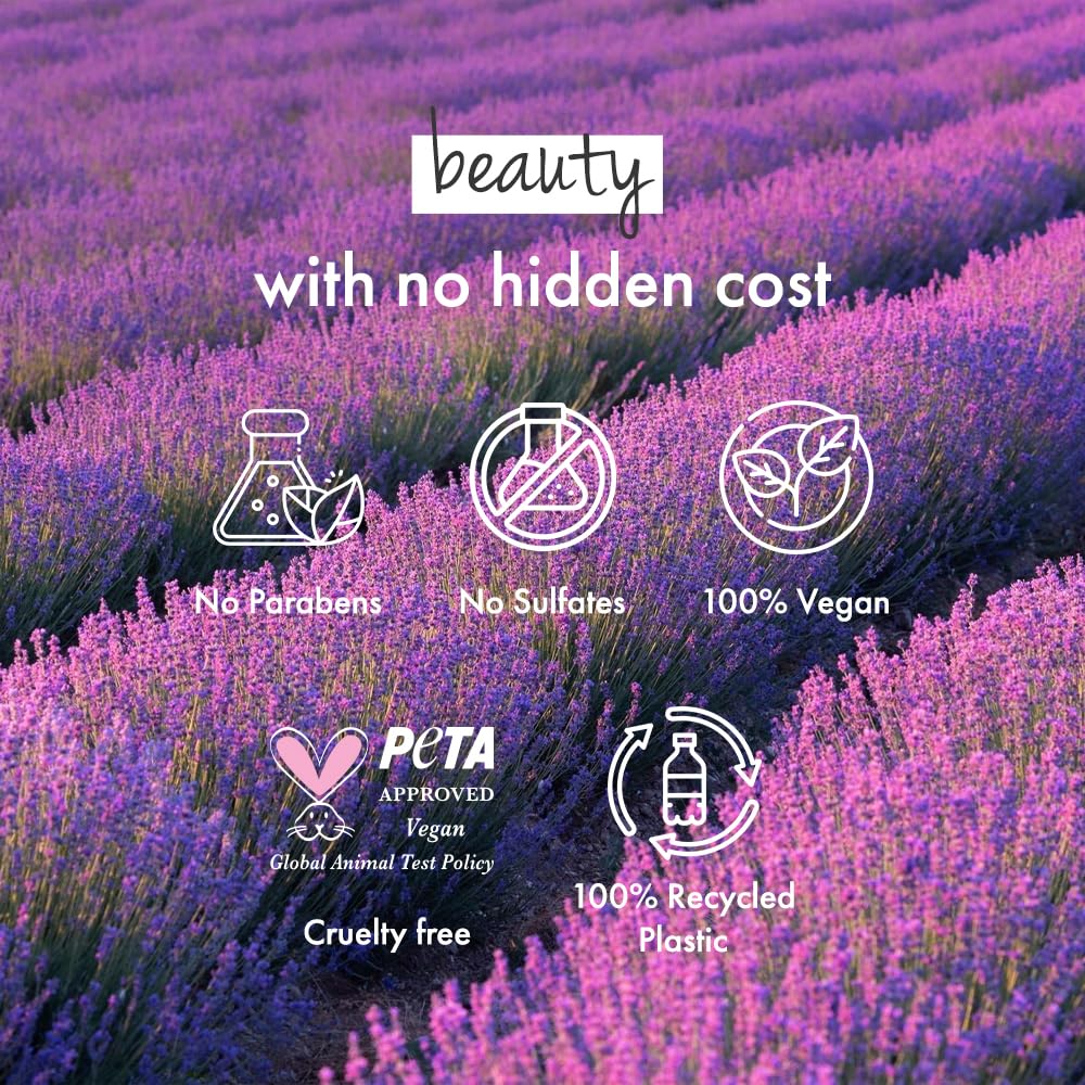 Lavender field with sustainability and ethical branding icons and text.