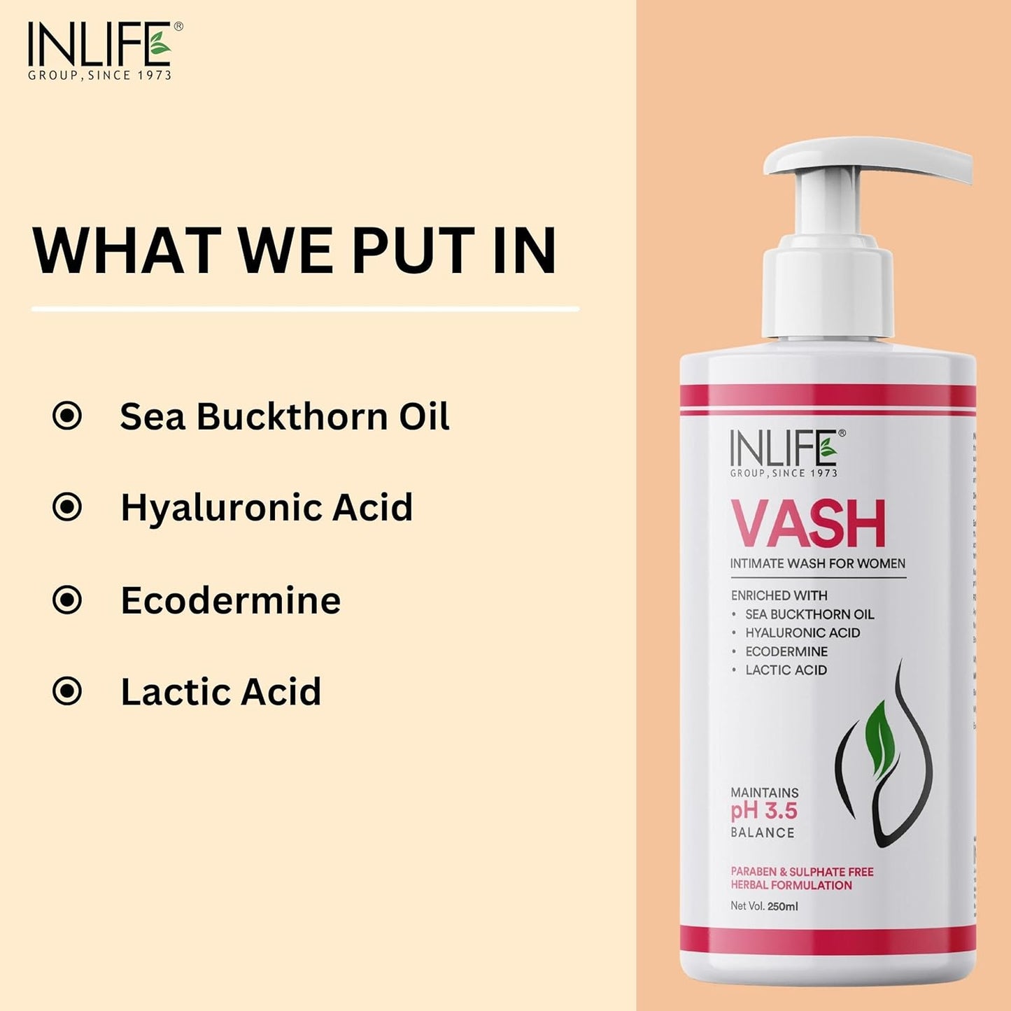 INLIFE Vash Intimate Wash for Women 250ml | Intimate Hygiene | Feminine Wash for Odour, Anti-Bacterial properties | Maintains pH levels (Pack of 1, 250)