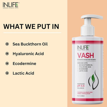 INLIFE Vash Intimate Wash for Women 250ml | Intimate Hygiene | Feminine Wash for Odour, Anti-Bacterial properties | Maintains pH levels (Pack of 1, 250)