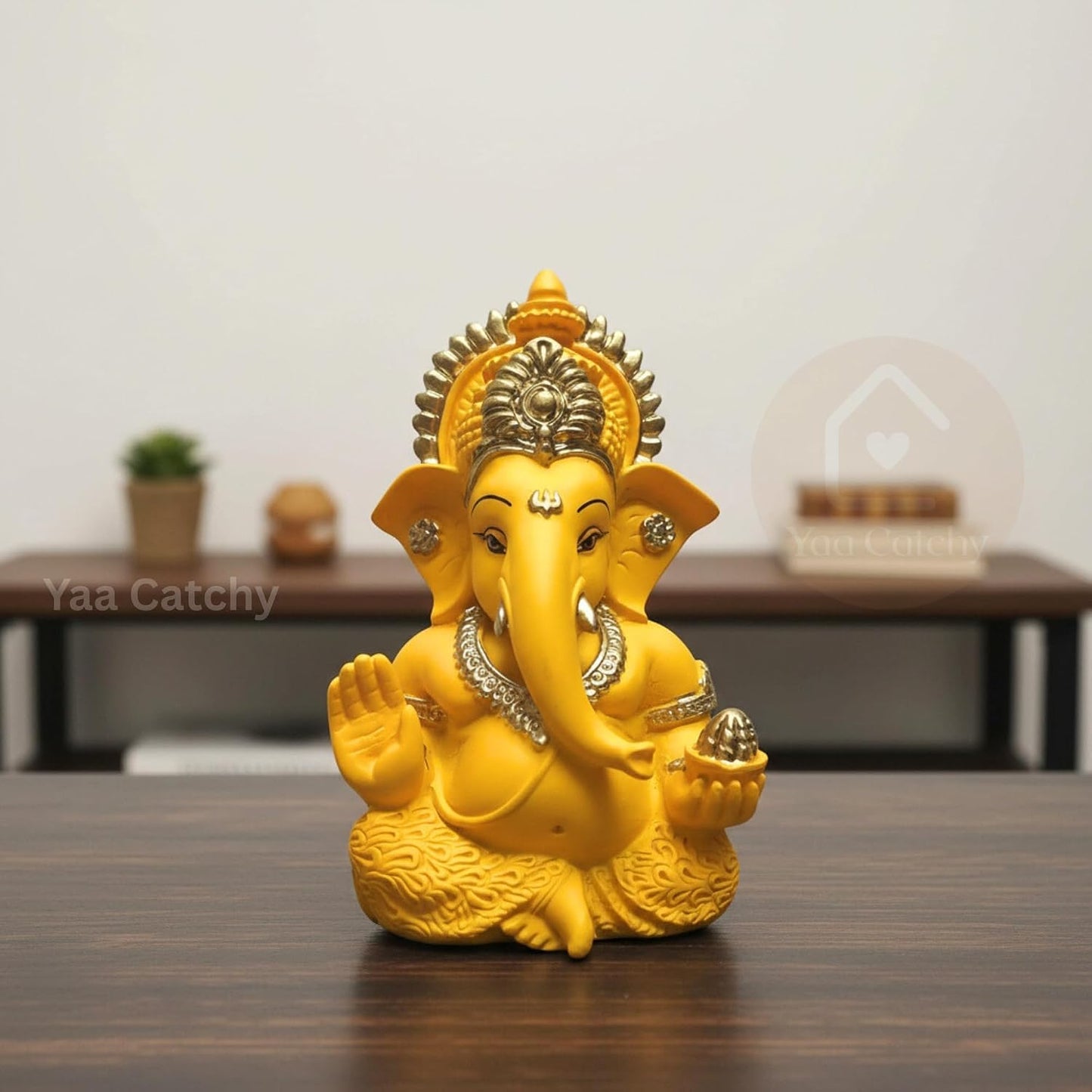 Yaa Catchy Mango Yellow Ganesha Idol Car Dashboard Idol Ganesha Murti Ganpati Idol for Home Decor Pooja Lord Ganesh Statue Gift for Office Desk Pooja Room (Ganesha Yellow & Gold)