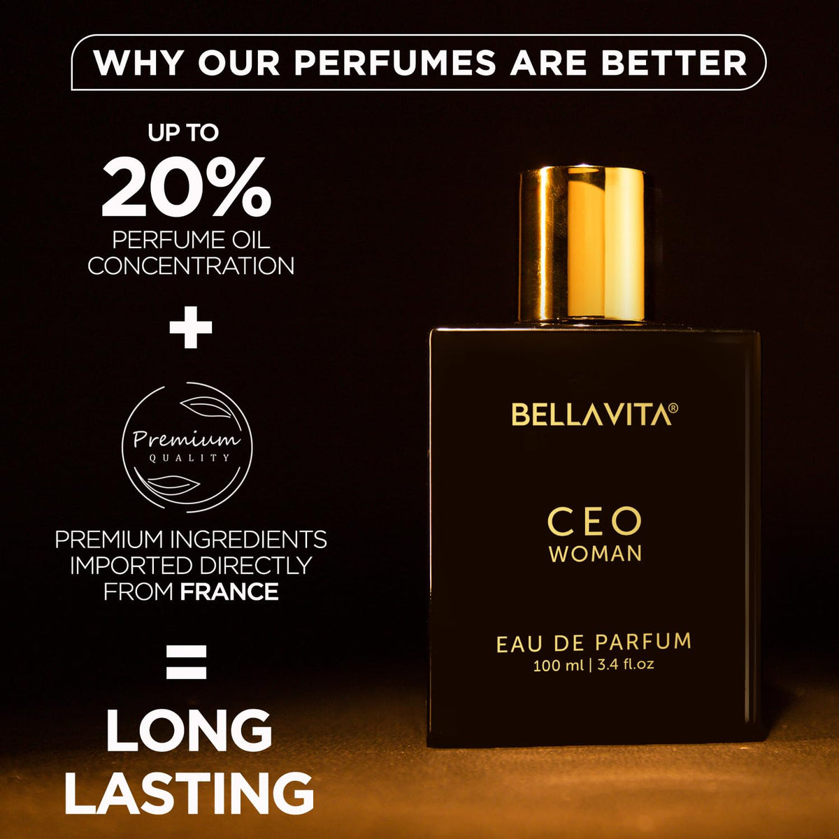 Bellavita CEO Woman Eau de Parfum bottle with promotional text on a dark background