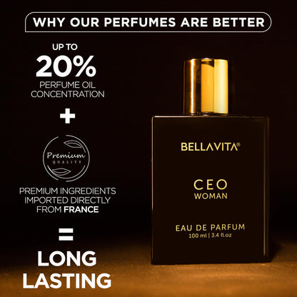 Bellavita CEO Woman Eau de Parfum bottle with promotional text on a dark background