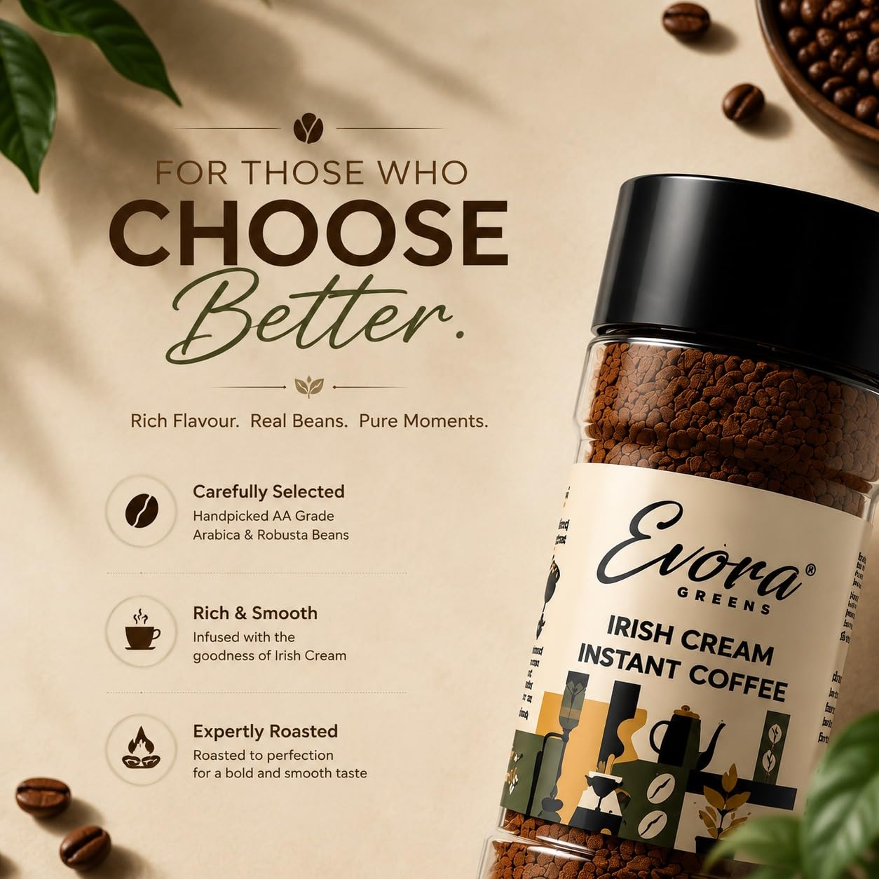 EVORA Greens 100gm Instant Coffee Powder | Irish Cream Flavour | Coffee with Arabica & Robusta Blend - Medium Roast | Make Café Style Hot or Cold Coffee, black Coffee, Cappuccino, Latte at Home | Make 50 Cups