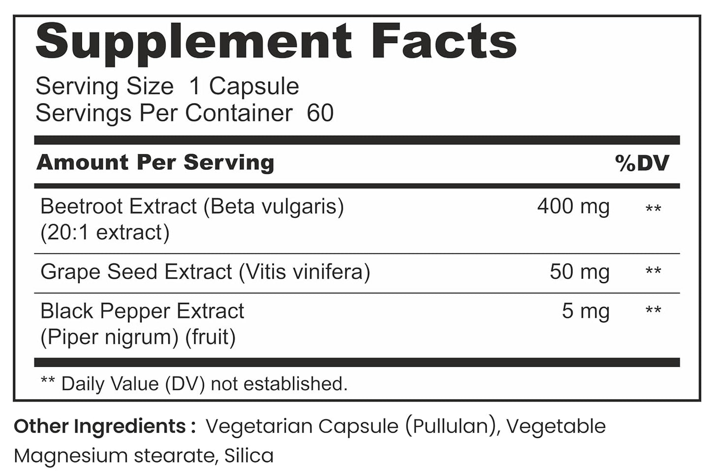 Supplement facts label with ingredients and their amounts per serving