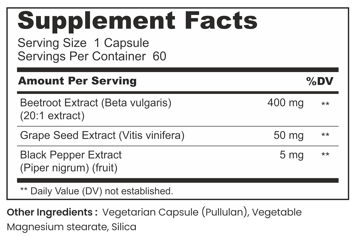Supplement facts label with ingredients and their amounts per serving
