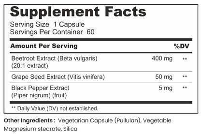 Supplement facts label with ingredients and their amounts per serving