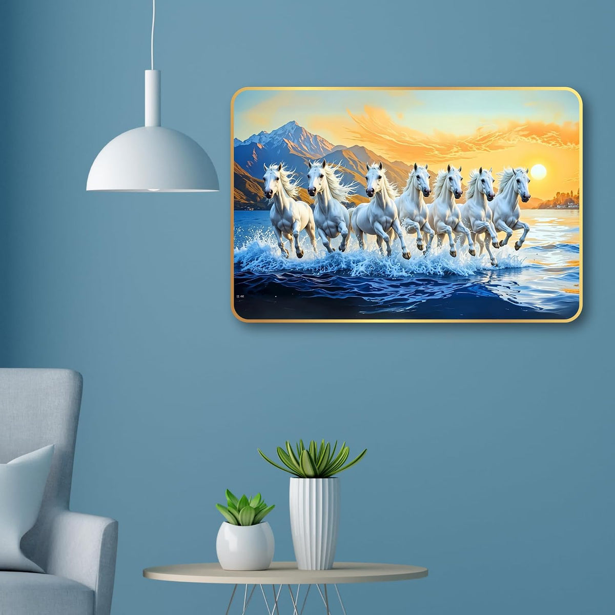 7 Running Horses MDF Wall Art 12x18 Inch | Golden Border Vastu Painting for Home & Office Décor | Modern Elegant Wall Hanging Frame for Living Room, Bedroom (Design 2)