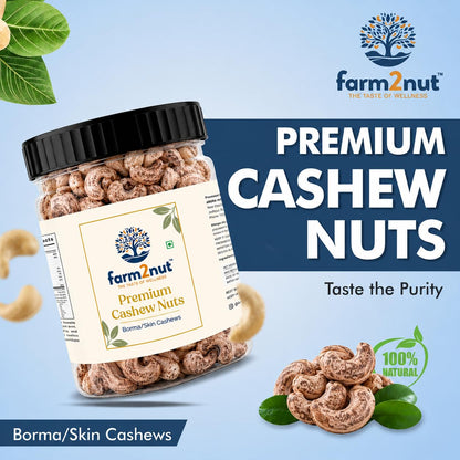 farm2nut Premium Borma Cashews/Skin Cashew Nuts Natural Unpeeled Whole Kaju Packed in Reusable Jar. Goa cashew nuts