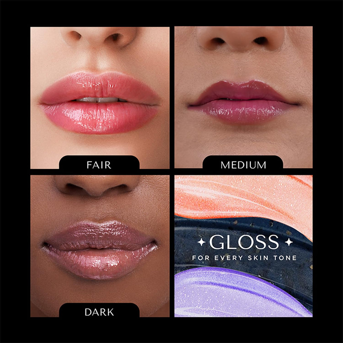Lip gloss color swatches on different skin tones with 'Gloss for Every Skin Tone' text.