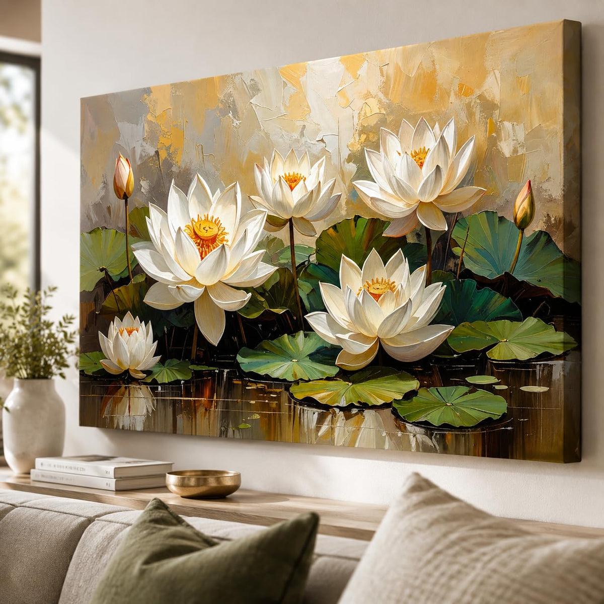 White Lotus Wall Painting Big Size ( UNFRAMED - Rolled Canvas Print only ) – Artistic Lotus Painting for Wall Vastu Landscape, Lotus Flower Painting for Living Room, Bedroom & Home, Luxury Lotus Canvas Painting