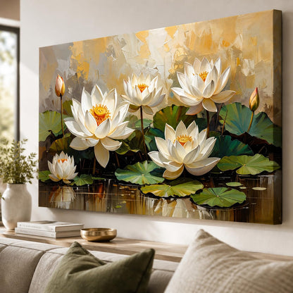 White Lotus Wall Painting Big Size ( UNFRAMED - Rolled Canvas Print only ) – Artistic Lotus Painting for Wall Vastu Landscape, Lotus Flower Painting for Living Room, Bedroom & Home, Luxury Lotus Canvas Painting