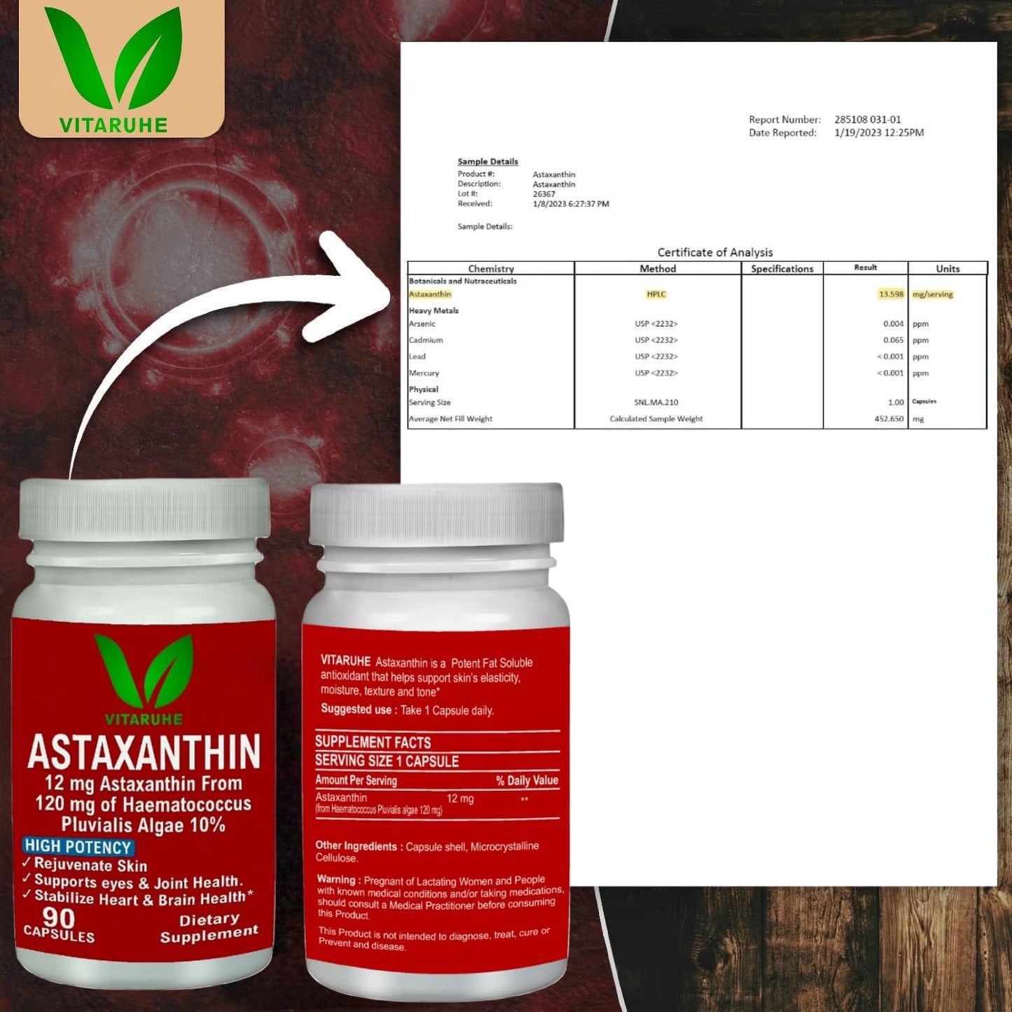 VITARUHE® Astaxanthin Supplement High Dose & Vegan, 12 mg Natural Astaxanthin Powder from Blood Rain Algae, 90 Capsules for 3 Months, No Additives