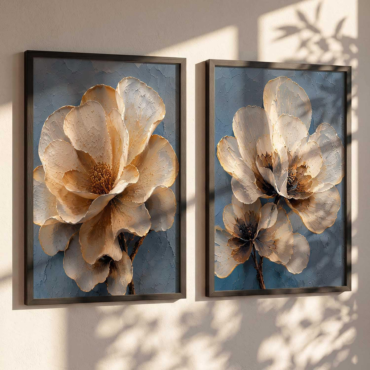 2 Piece Framed Wall Art Set, 3D Textured Floral Botanical Painting, Modern Abstract Flower Wall Decor for Living Room Bedroom Dining Room Office, Ready to Hang, Ideal for Housewarming Gift (design 1, 13X19, Black)