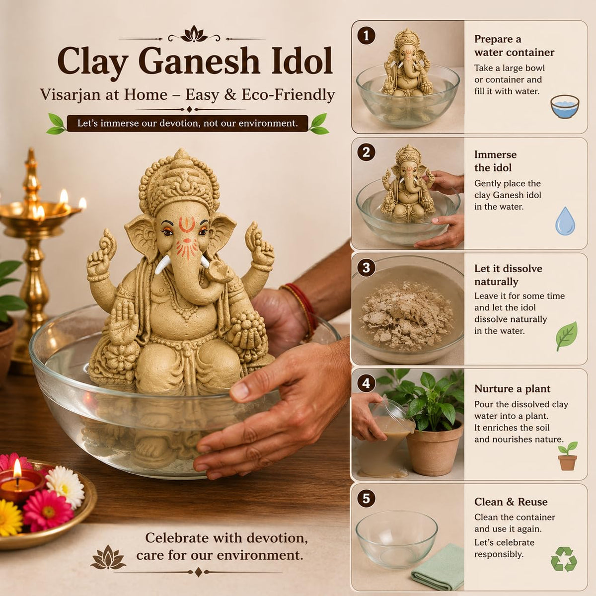 KSI Eco-Friendly Ganesha Idol Ganpati Murti for Home Visarjan Water Soluble Ganesh Idol 7 Inches Ganesh Without Paint Handcrafted Natural Clay Biodegradable Ganesha Statue