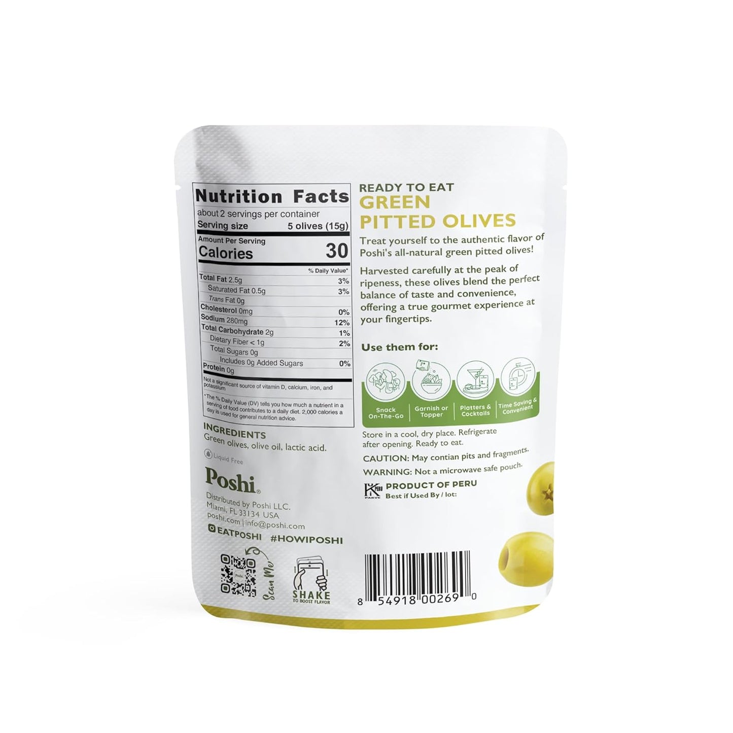 Poshi Green Olives On-The-Go - Single Serve Pitted Olives - Convenient and Healthy Snack Packs - All Natural, Non-GMO, Kosher, Gluten-Free - 1.1 Oz