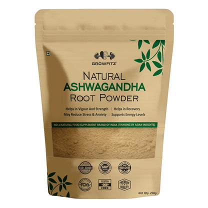 Growfitz 100% Organic Ashwagandha Powder 230g | Withania Somnifera | Energy Boost, Anxiety & Stress Relief, Height Improvement, Immunity System | ISO Certified | Vegan, Gluten-Free | Pack of 1