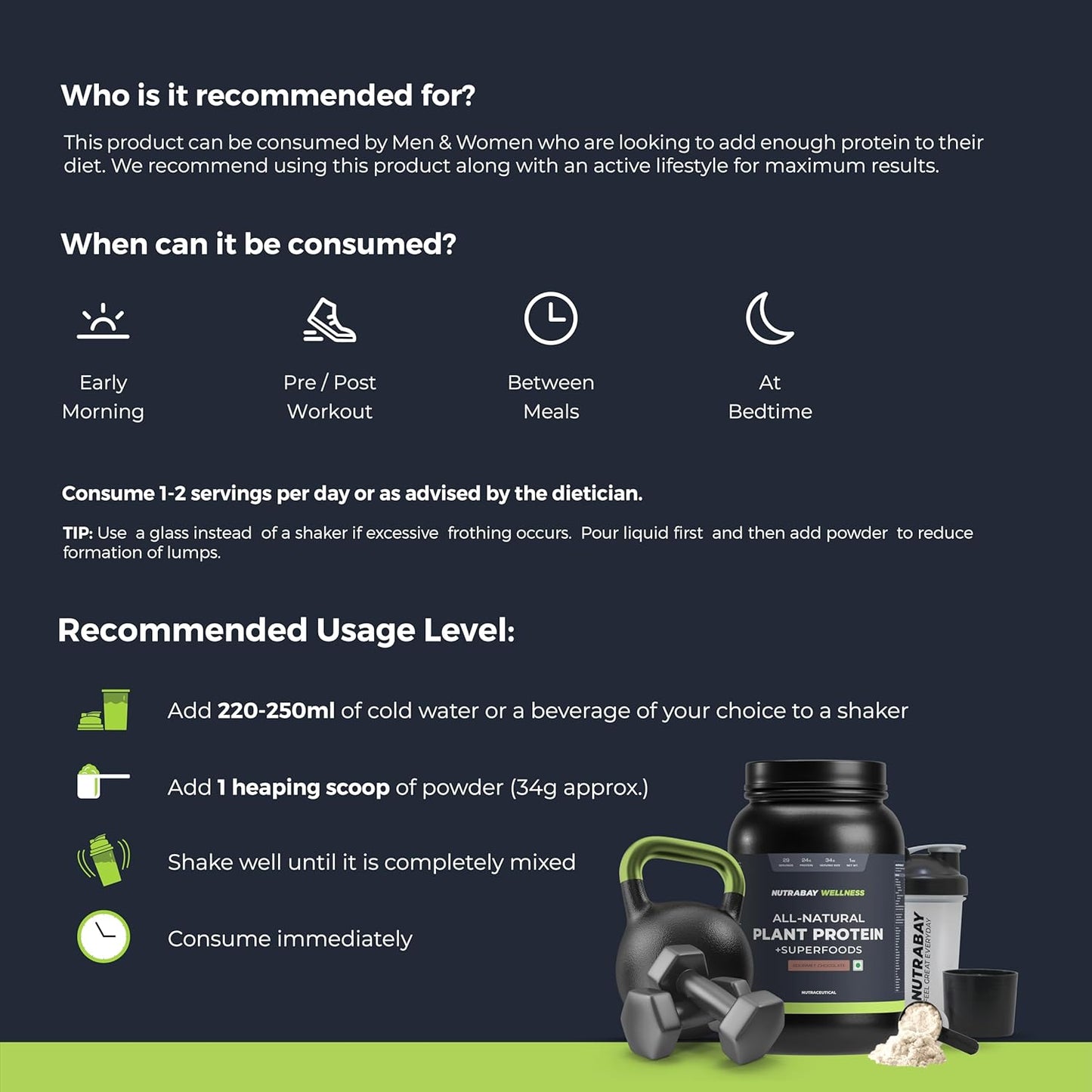 Nutritional supplement product with usage instructions and recommended usage level on a dark background.