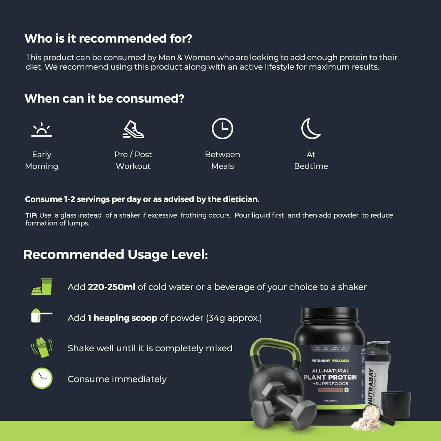 Nutritional supplement product with usage instructions and recommended usage level on a dark background.