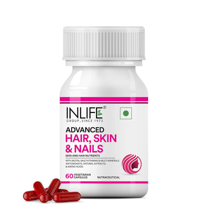 INLIFE Advanced Hair Skin & Nails Supplement with Biotin, Multivitamin Minerals, Amino Acids for Hair Care - 60 Vegetarian Capsules