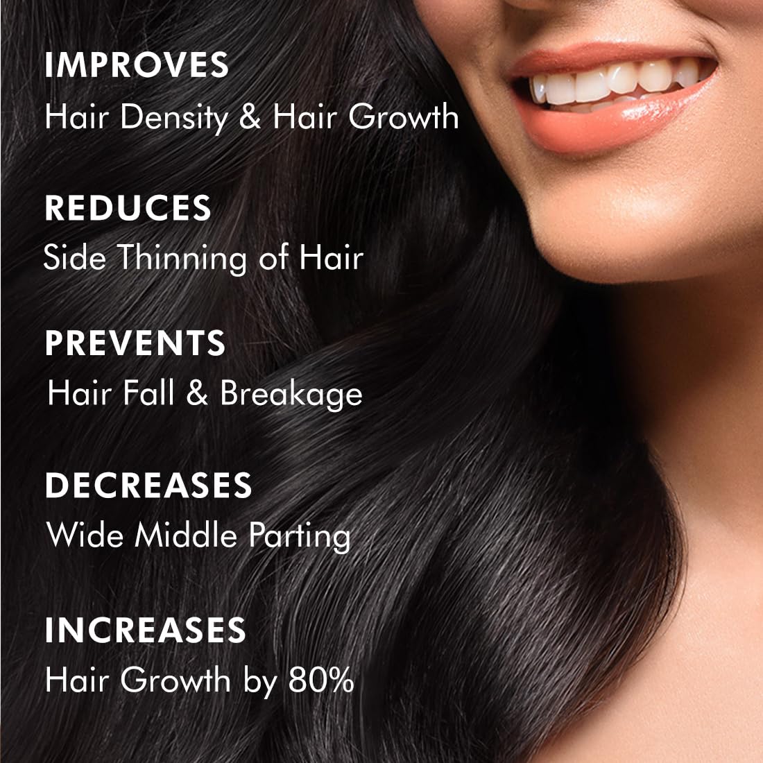 Woman with long, dark hair and promotional text about hair care benefits.