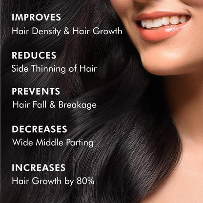 Woman with long, dark hair and promotional text about hair care benefits.