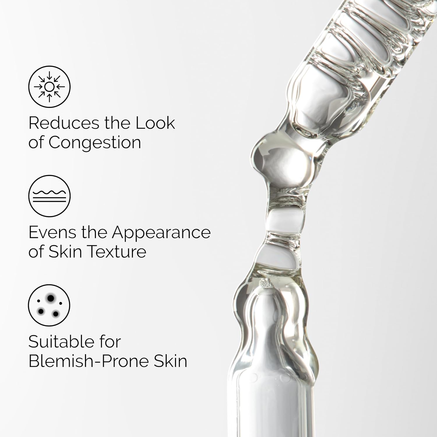 Clear skin care product with text on benefits on a white background