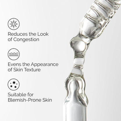 Clear skin care product with text on benefits on a white background