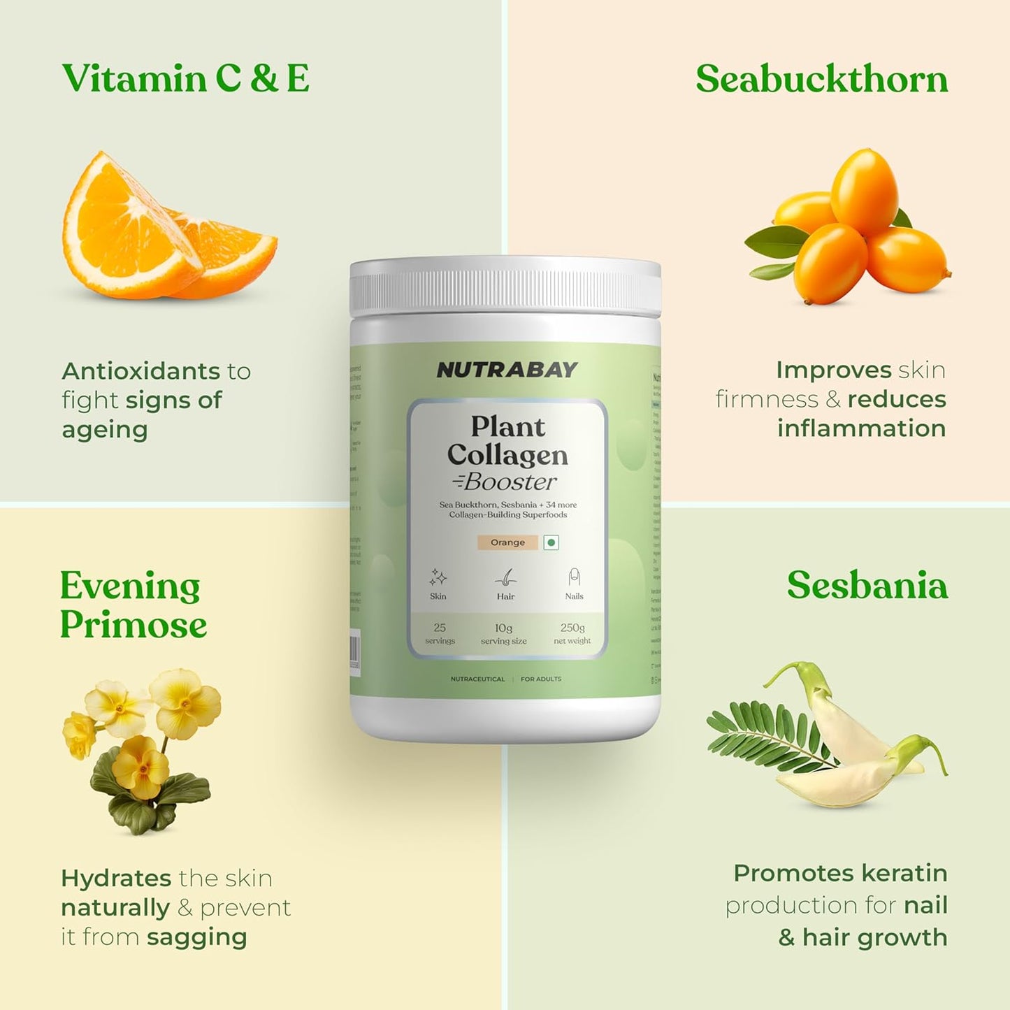 NUTRABAY Plant Collagen Booster supplement with images of vitamin C, seabuckthorn, evening primrose, and sesbania.