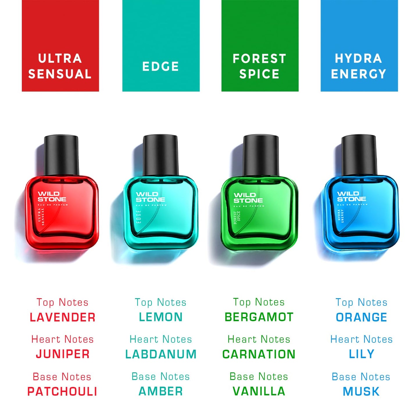 Four Wild Stone perfume bottles in red, blue, green, and black with color swatches above them on a white background.