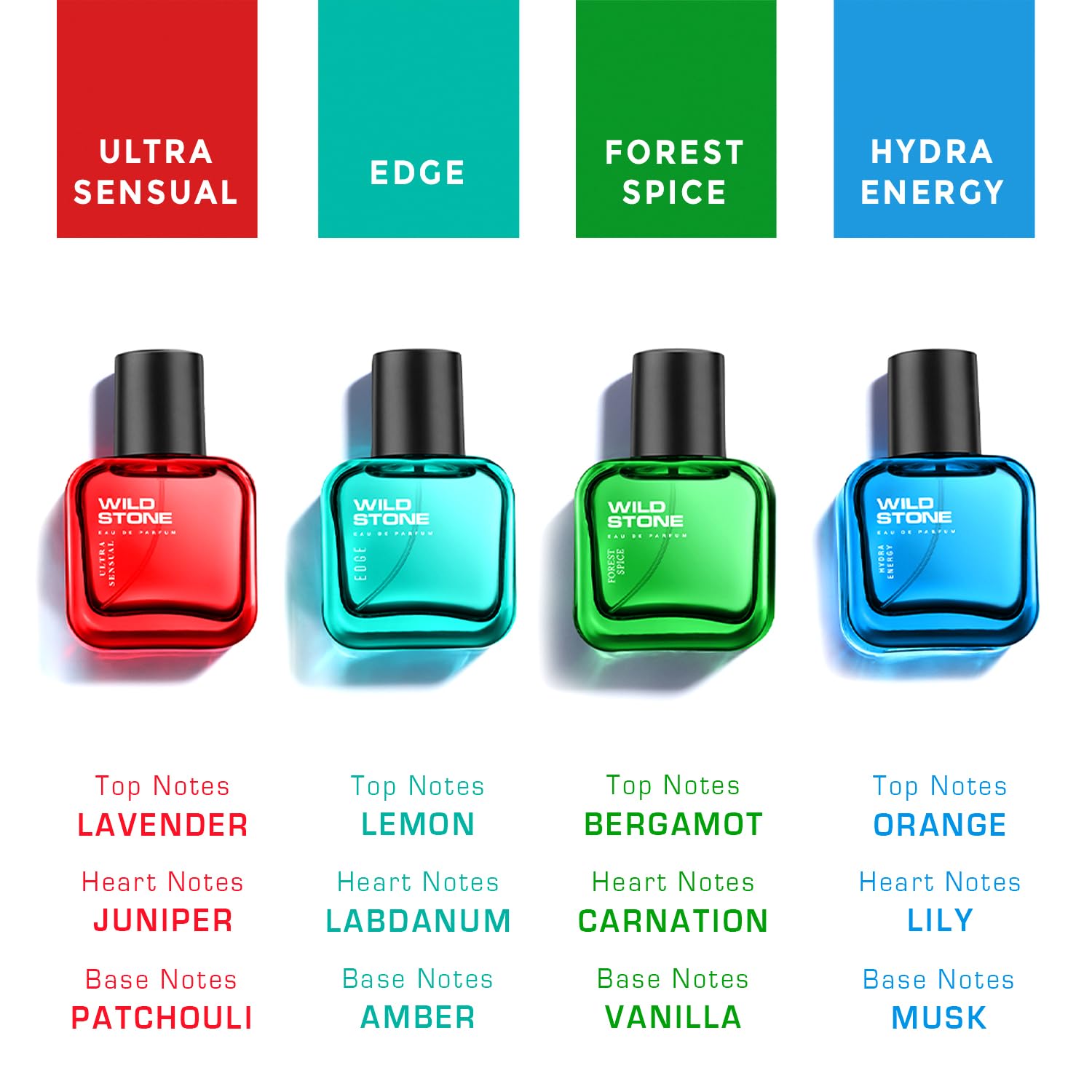 Four Wild Stone perfume bottles in red, blue, green, and black with color swatches above them on a white background.
