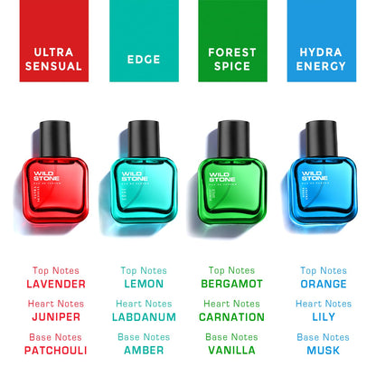 Four Wild Stone perfume bottles in red, blue, green, and black with color swatches above them on a white background.