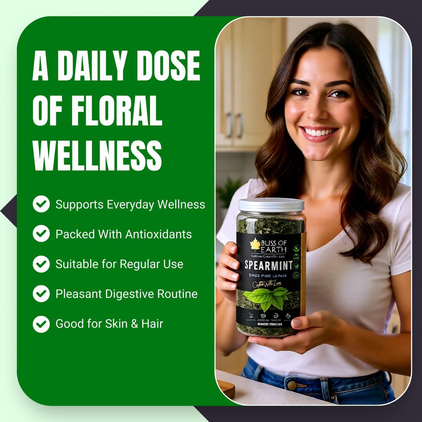 Bliss of Earth Spearmint Tea For PCOS Relief 100g, Premium Egyptian Sun Dried Spearmint Leaves, Mint Herbal Tea for Hot & Cold Brew