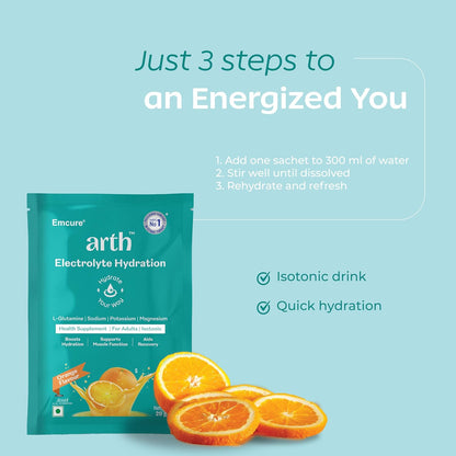 Arth Electrolyte Powder for Quick & Daily Hydration | With L-Glutamine, Potassium & Magnesium | Low Sodium Hydration Drink | Supports Muscle Recovery & Immunity | Orange Flavour | 20 Sachets