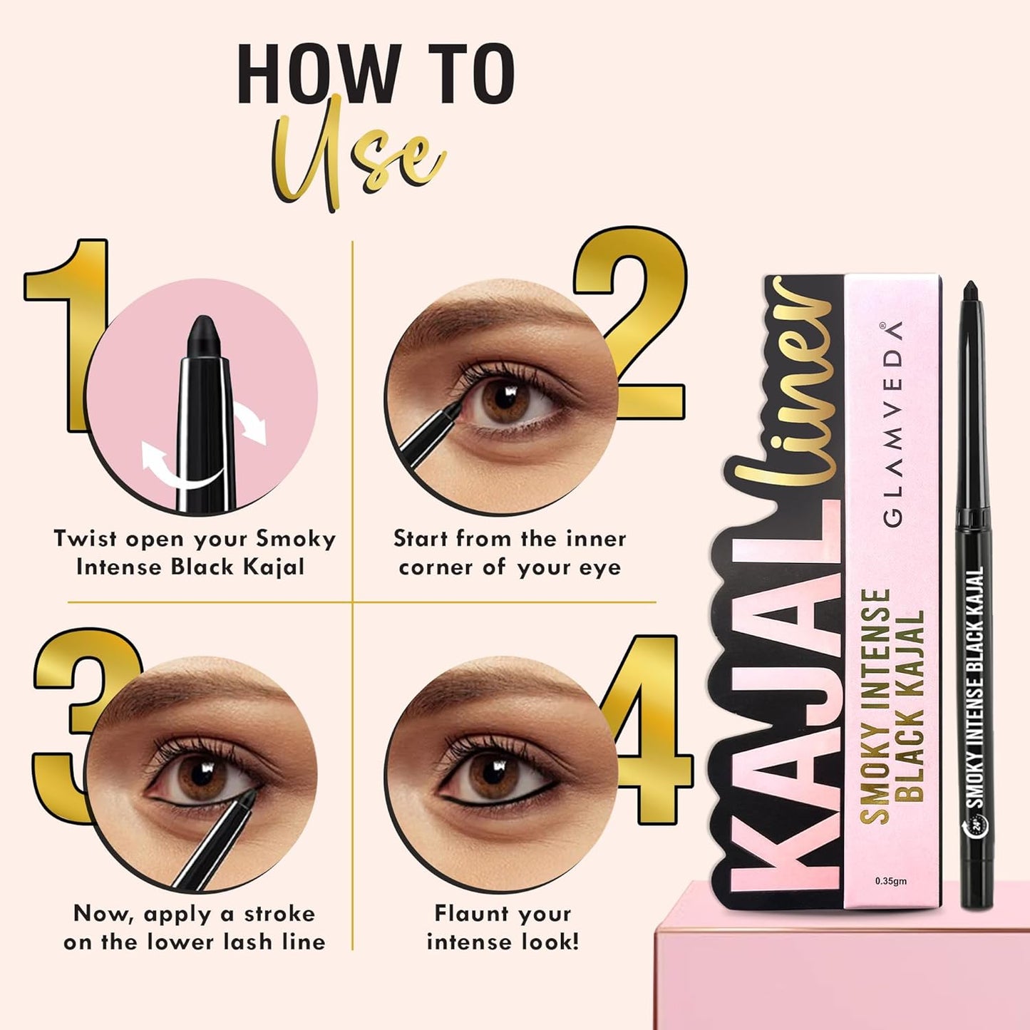 GLAMVEDA Pencil Smoky Intense Black Kajal - 0.35g | 24-Hour Long Stay One-Stroke Smooth Application Waterproof, Smudgeproof & Sweatproof| Rich Pigment | Suitable for Sensitive Eye 1 count (Pack of 1)