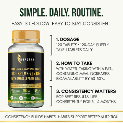 ANUPURAK Vegan D3 K2 B12 & Omega 3 DHA Tablets | 4-in-1 Daily Essential Supplement | Bone, Brain, Heart & Energy Support | D3 (Lichen) + K2 MK-7 (Natto) + B12 + 250mg Algal DHA | 120 Veg Tablets (120 Days)