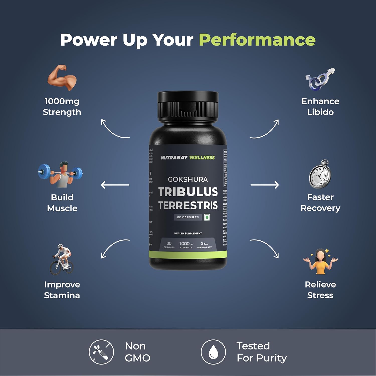 Gokshura Tribulus Terrestris supplement bottle with功效说明 on a blue background