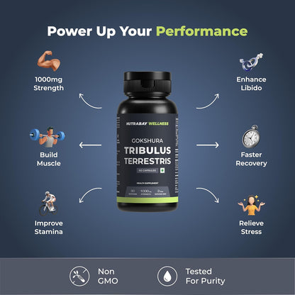 Gokshura Tribulus Terrestris supplement bottle with功效说明 on a blue background